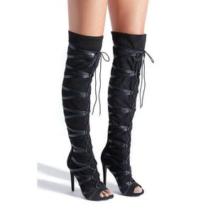 SHOEDAZZLE Gilly Open Toe Over the Knee Lace up Boots 7 NIB